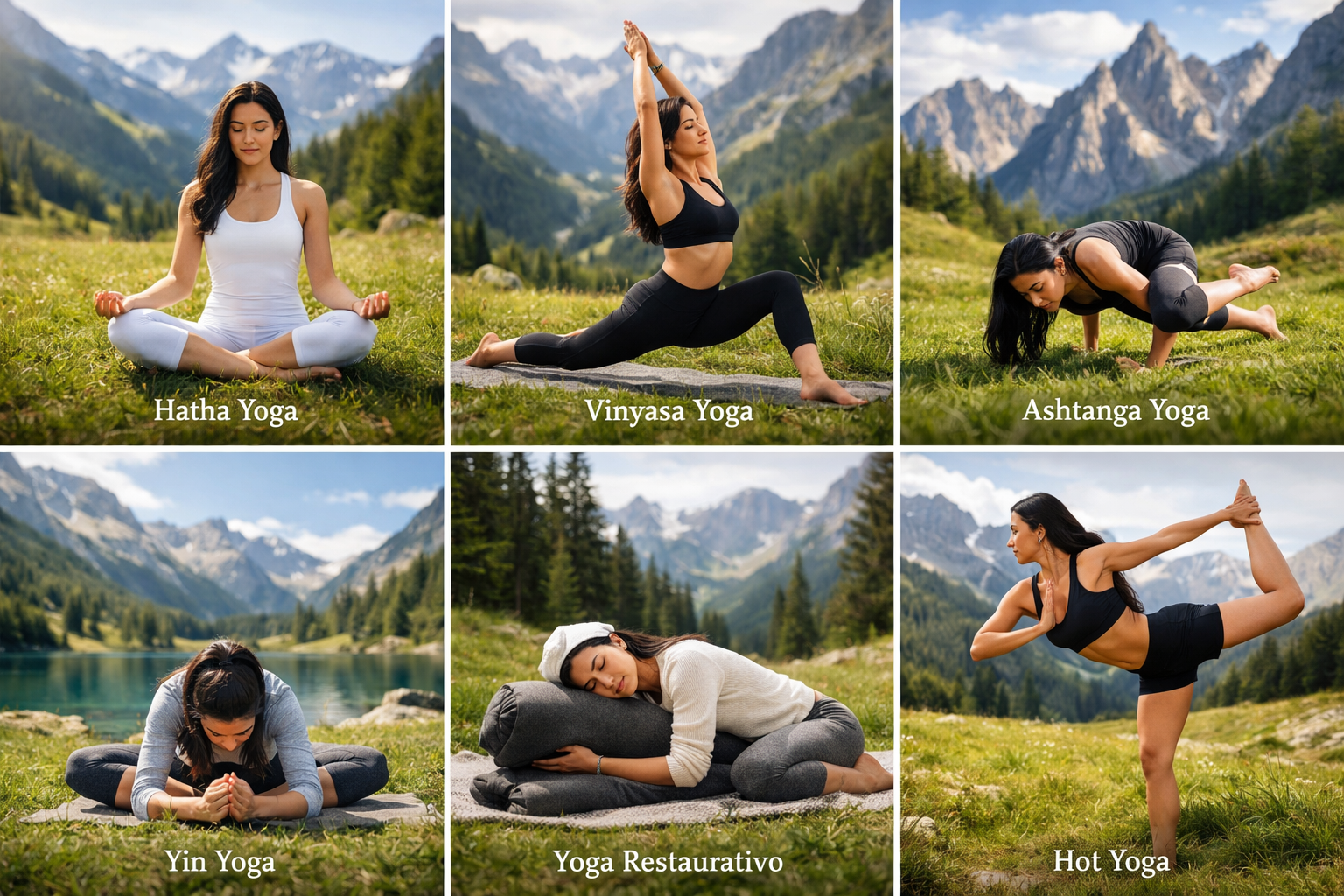 Tipos de yoga: guía profesional para elegir la práctica que mejor se adapta a ti 1 Mujer morena practicando Hatha Yoga en la montaña, sentada en postura de meditación sobre césped natural